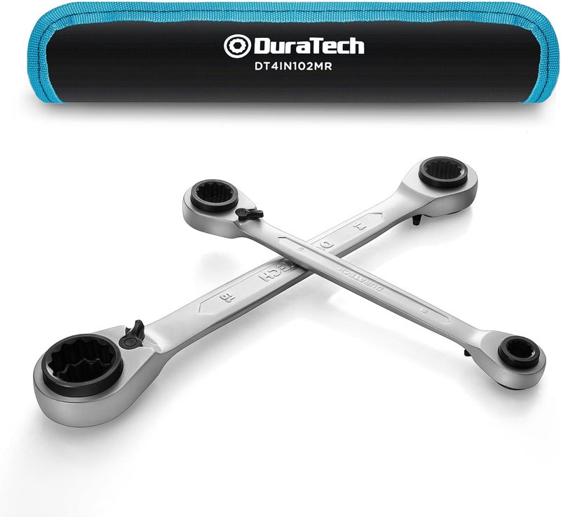 DURATECH 4-in-1 Reversible Ratcheting Box Wrench Set, Double Box End, Metric, 2-Piece, 8, 10, 12, 13 & 14, 15, 17, 19 mm, CR-V Steel, Matte Chrome Plated, with Rolling Pouch - Image 1